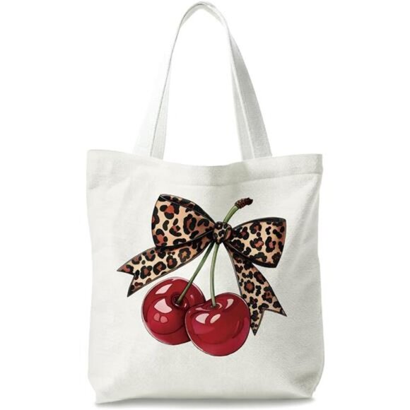 Handbags - Reusable Canvas Shoulder Bag with Cherry Graphic Design